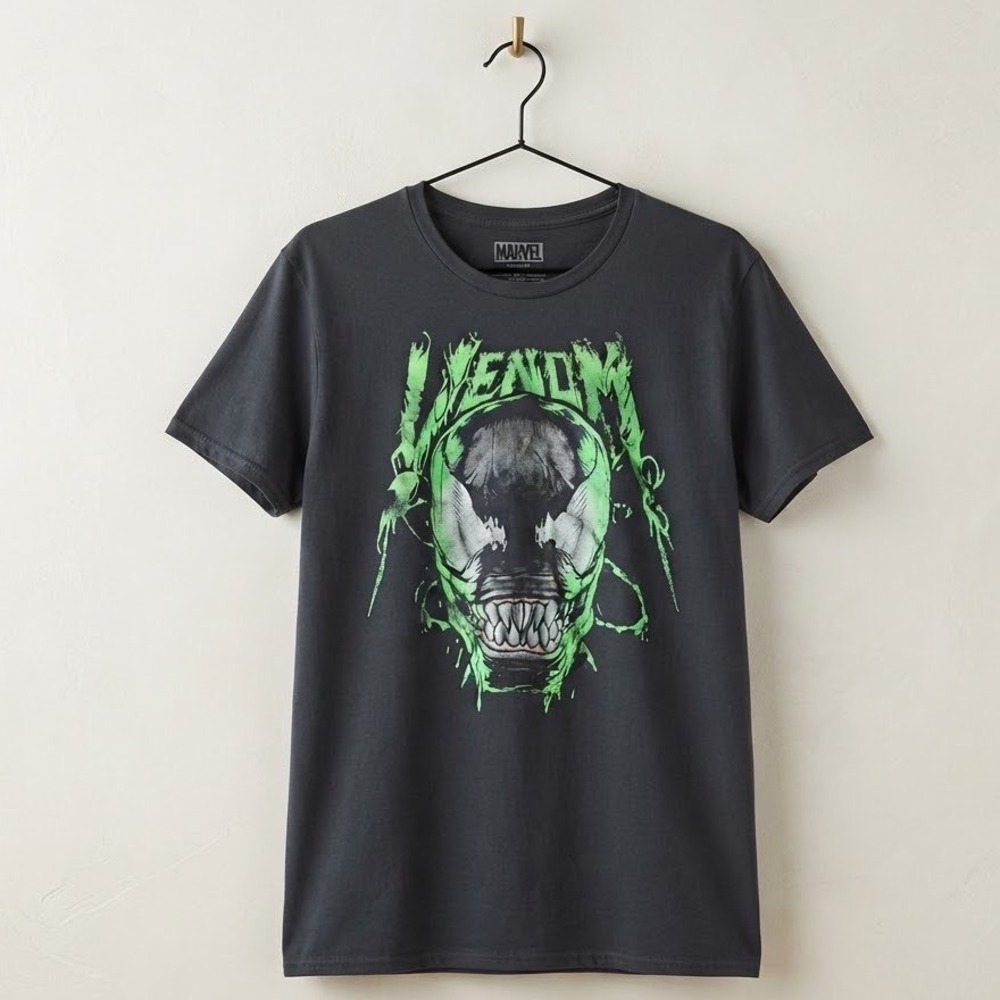 Marvel Venom Graphic T-Shirt Black Neon Green Slime Logo M Goth Grunge Dark